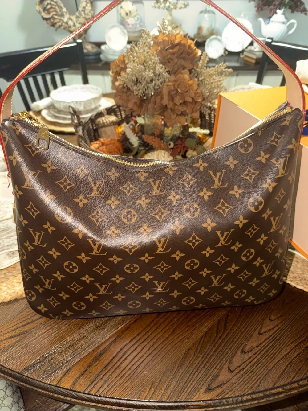 Louis Vuitton Monogram Shoulder Hobo in Brown with Red Trim